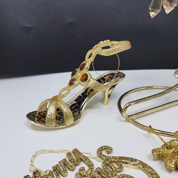 Glitter Plastic Metal Ornament Lot of 7 Chandelier Star Bow Stocking Shoe VTG - Picture 3 of 7